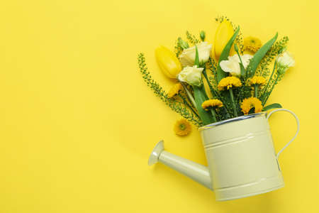 Watering can with flowers on yellow background