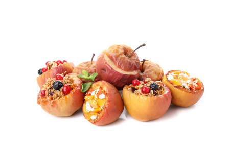 Tasty baked apples isolated on white backgroundの写真素材
