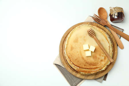Concept of tasty food with crepes on white backgroundの写真素材