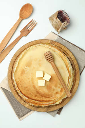 Concept of tasty food with crepes on white backgroundの写真素材