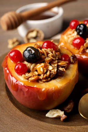 Concept of tasty food with baked apple, close upの写真素材