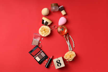 Eight march concept on red background, top view