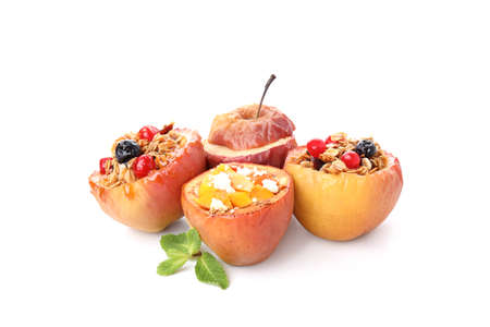Tasty baked apples isolated on white backgroundの写真素材