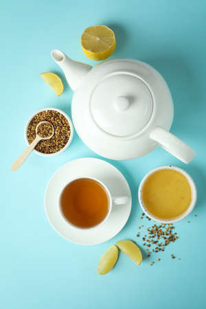Concept of hot drink with buckwheat tea on blue backgroundの写真素材