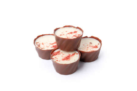 Milk chocolate candies isolated on white backgroundの写真素材