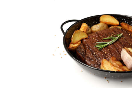 Concept of tasty food with beef steak on white backgroundの写真素材