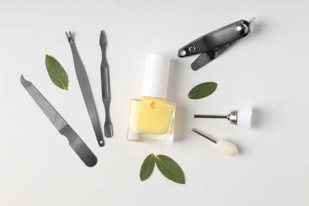 Concept of nail care with manicure accessories on white backgroundの写真素材