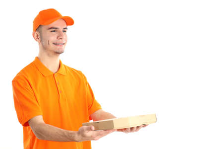 Delivery man with pizza box isolated on white background