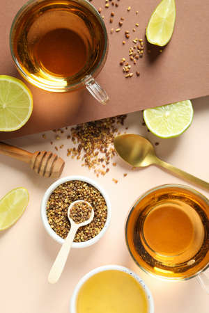 Concept of hot drink with buckwheat tea on two color backgroundの写真素材