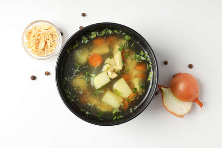 Chicken soup on white background, top viewの写真素材