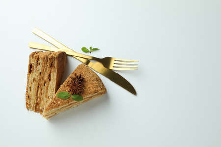 Concept of tasty dessert with honey cake, space for textの写真素材