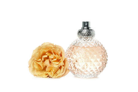 Perfume and rose isolated on white background