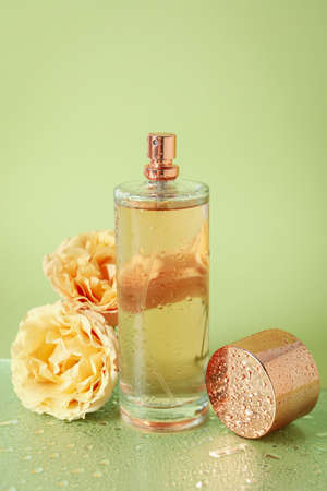 Concept of female perfume on green background