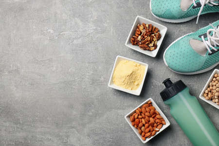 Concept of sports nutrition on gray textured backgroundの写真素材