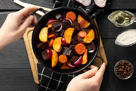 Concept of tasty food with beef with vegetables, top viewの写真素材