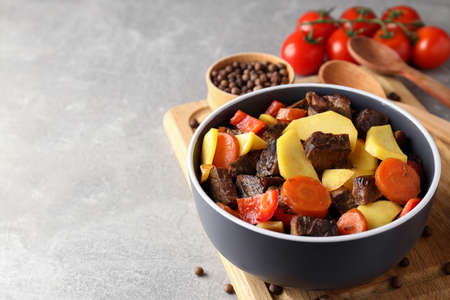 Concept of tasty food with beef with vegetables, space for textの写真素材