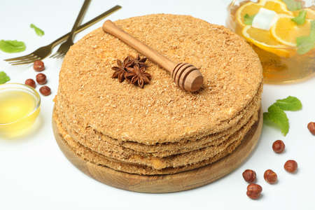 Concept of tasty dessert with honey cake, close upの写真素材