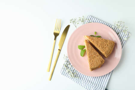 Concept of tasty dessert with honey cake, space for textの写真素材