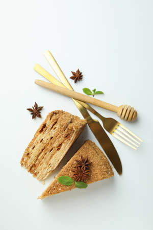 Concept of tasty dessert with honey cake, top viewの写真素材