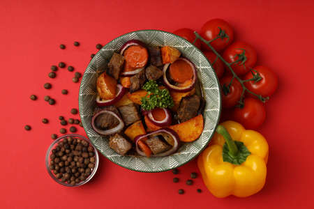 Concept of tasty food with beef with vegetables, top viewの写真素材