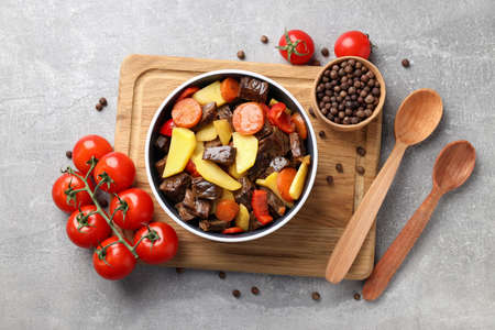 Concept of tasty food with beef with vegetables, top viewの写真素材