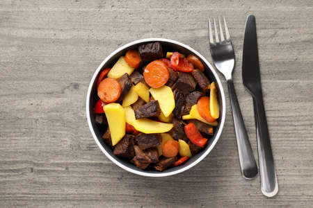 Concept of tasty food with beef with vegetables, top viewの写真素材