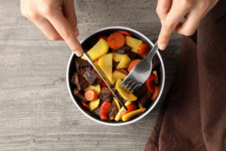 Concept of tasty eating with beef with vegetables, top viewの写真素材