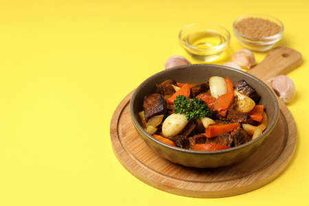 Concept of tasty food with beef with vegetables, space for textの写真素材