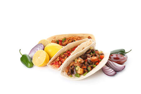 Concept of tasty food with taco isolated on white backgroundの写真素材