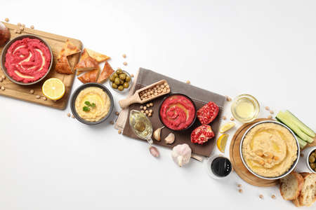 Concept of tasty food with hummus on white backgroundの写真素材