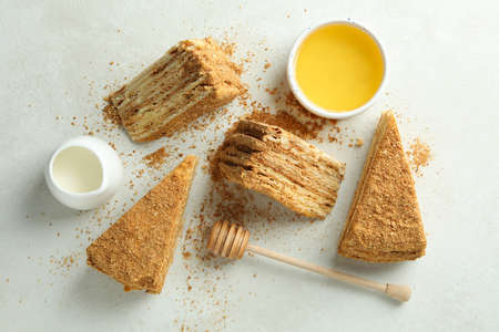 Concept of tasty dessert with honey cake, top viewの写真素材