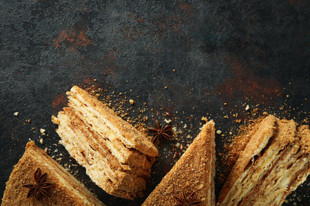 Concept of tasty dessert with honey cake, space for text