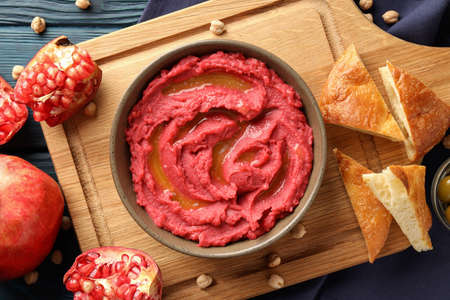 Concept of tasty food with beet hummus, top viewの写真素材