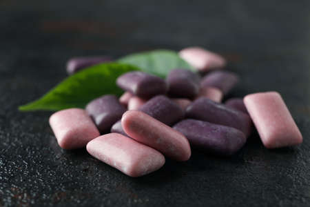 Concept of chewing or bubble gum, close upの写真素材