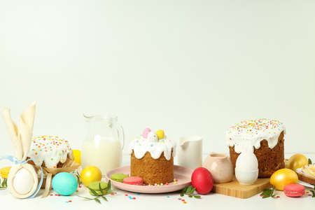 Concept of Easter food on white tableの写真素材