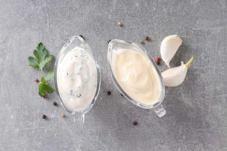 Concept of cooking garlic sauce, top viewの写真素材