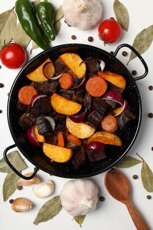 Concept of tasty food with beef with vegetables, top viewの写真素材
