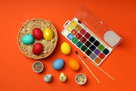 Concept of beautiful Easter eggs, top view