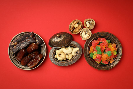 Concept of Ramadan Kareem food, top viewの写真素材