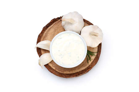 Garlic sauce and ingredients isolated on white backgroundの写真素材