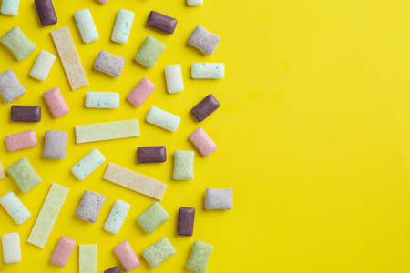 Concept of chewing or bubble gum, space for textの写真素材