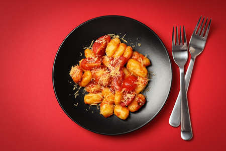 Concept of tasty food with potato gnocchi, top viewの写真素材