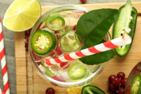 Concept of drink with jalapeno cocktail, top view