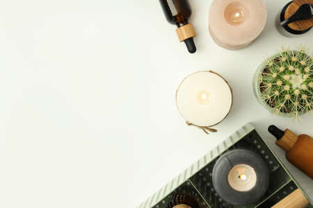 Cozy composition with candles, space for textの写真素材