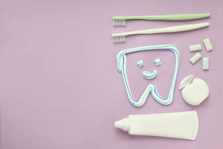 Concept of tooth care, space for textの写真素材