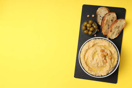 Concept of tasty food with hummus, space for textの写真素材