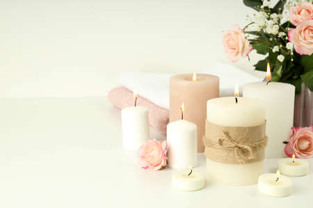 Concept of relaxation with aroma candles, space for textの写真素材
