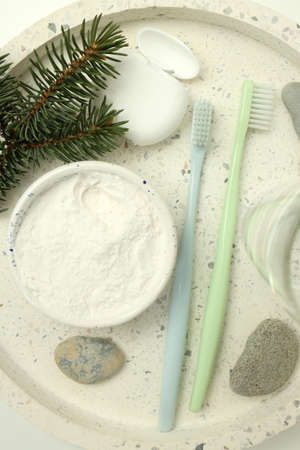 Concept of tooth or oral care, top viewの写真素材