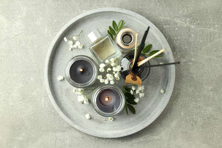 Concept of relaxation with aroma candles, top view