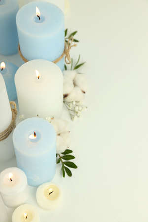 Concept of relaxation with aroma candles, space for textの写真素材